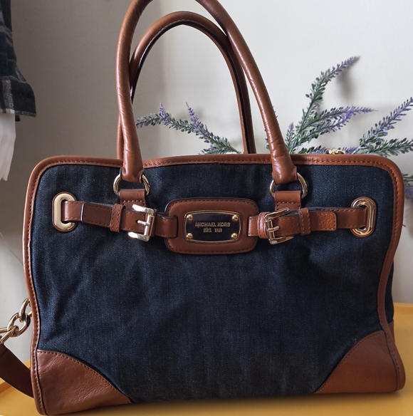 Michael Kors Denim and Brown Leather Hamilton Shoulder Bag With Gold Hardware - Picture 1 of 13
